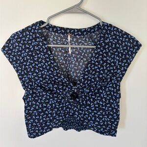 Navy Hearts Free People O-Ring Ruched Linen Crop Top